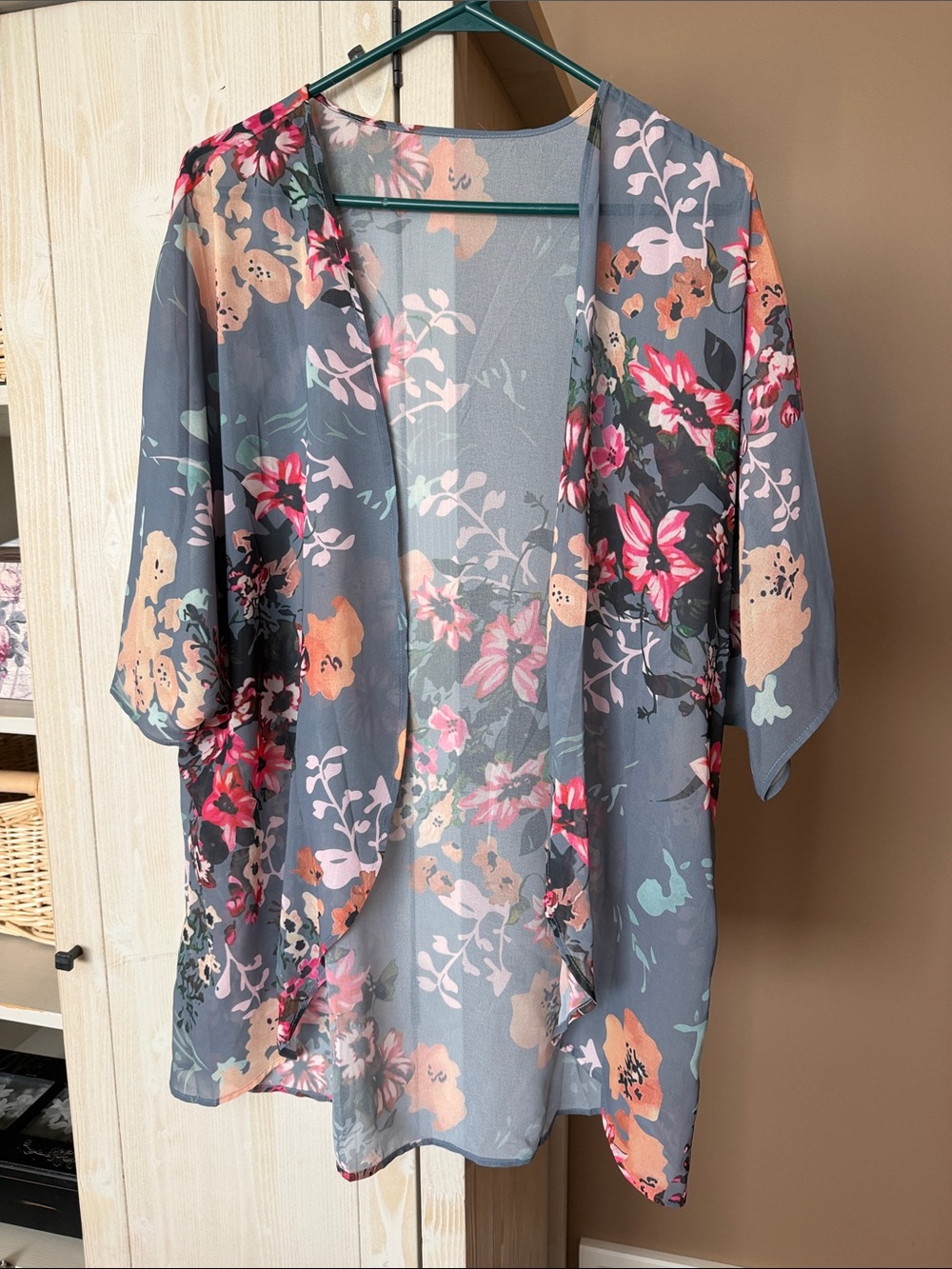 Amazon Floral Sheer Kimono Jacket in Gray with Pink & Peach Blooms